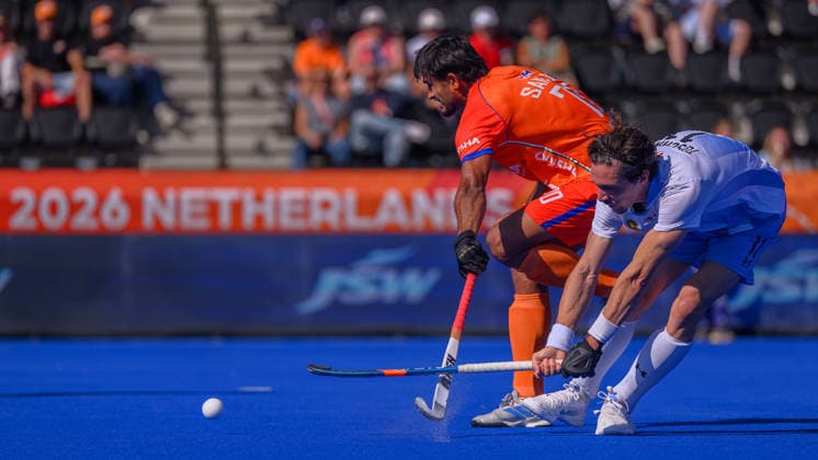 Hockey World Cup Day Ten Lucas Toscani of Argentina scores his second goal and the team™s fifth against India during the match in Pool E of the 2026 FIH Hockey World Cup at Wagener Stadium, Amstelveen 24 08 2026 UK Newspapers OUT Copyright: xGraemexWilcocksonx FIL-23822-0028