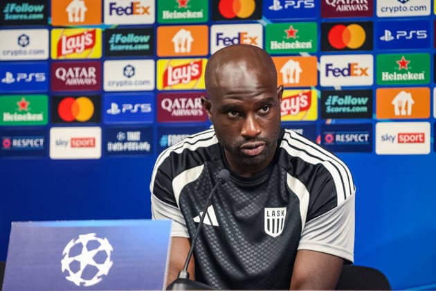 SOCCER - UEFA CL, LASK vs Celtic LINZ,AUSTRIA,24.AUG.26 - SOCCER - UEFA Champions League, play-off, Linzer ASK vs Celtic Glasgow, preview, press conference, PK, Pressekonferenz LASK. Image shows Samuel Adeniran (LASK).  GEPAxpictures xManuelxBinder