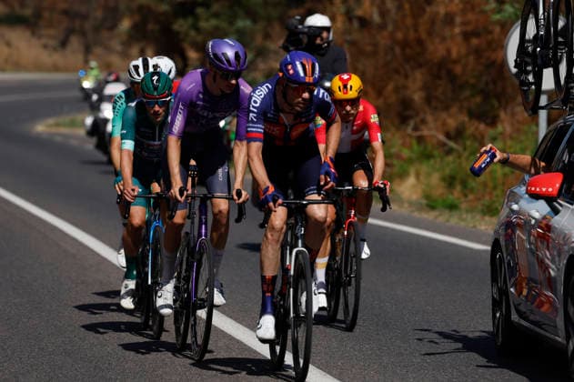 Riders Ethan Hayter, Magnus Cort Nielsen, Olivier Le Gac, Timo Roosen, Asbjorn Hellemose and Mats Wenzel, are seen on a breakaway during the third stage of La Vuelta a Espana cycling tour, a 166,7 km journey from Gruissan to Font- Romeu (both in France), 24 August 2026. La Vuelta a Espana cycling tour - Stage 3 !ACHTUNG: NUR REDAKTIONELLE NUTZUNG!  Copyright: xJavierxLizónx GRAF4044 20260824-55021215571_1