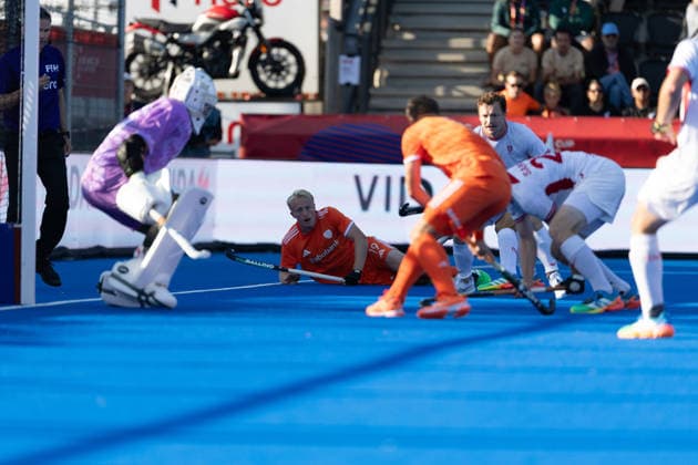 FIH Hockey World Cup: Netherlands v England AMSTELVEEN, NL - AUGUST 24: Tjep Hoedemakers of Netherlands during the FIH Hockey World Cup match between Netherlands and England at Wagener Stadion on August 24, 2026 in Amstelveen, Netherlands. Amstelveen Wagener Stadion Netherlands Content not available for redistribution in The Netherlands directly or indirectly through any third parties. Copyright: xMarcelxvanxPlateringenx
