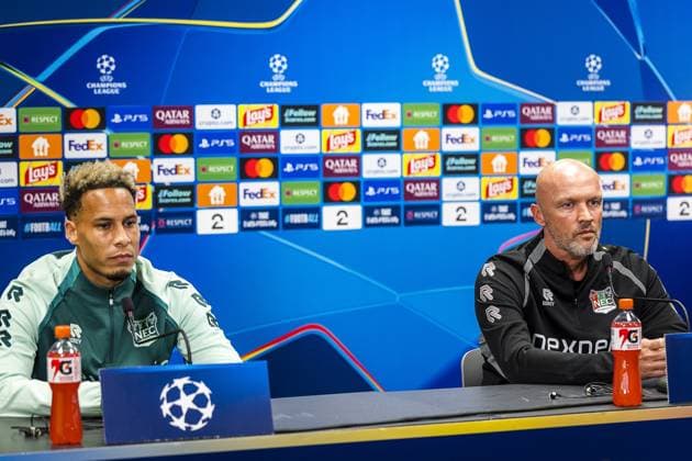 BODO , 24-08-2026 , Aspmyra Stadion , Champions League , season 2026 2027 , press conference, PK, Pressekonferenz NEC in Bodo , picture shows , NEC player Tjaronn Chery , NEC coach Dick Schreuder Press conference NEC Bodo  x206022301x Copyright:
