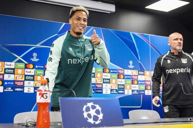 BODO , 24-08-2026 , Aspmyra Stadion , Champions League , season 2026 2027 , press conference, PK, Pressekonferenz NEC in Bodo , picture shows , NEC player Tjaronn Chery Press conference NEC Bodo  x206022306x Copyright: