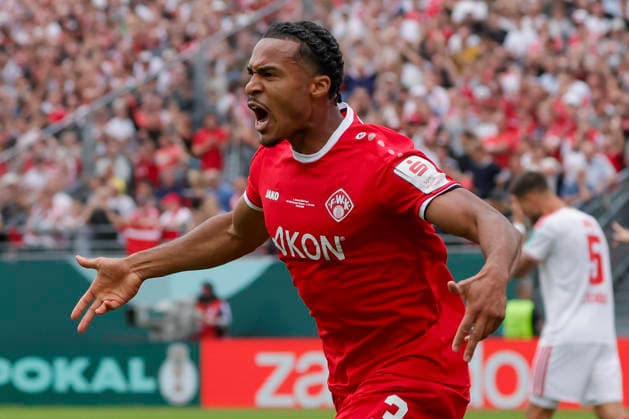 Im Bild: Jubel nach dem Tor zum 1:0 bei Torschuetze David Abrangao (FC Wuerzburger Kickers, 3) 24.08.2026, FC Wuerzburger Kickers - 1. FC Koeln, DFB-Pokal, 1. Runde, Deutschland, Wuerzburg, AKON-Arena, DFL REGULATIONS PROHIBIT ANY USE OF PHOTOGRAPHS AS IMAGE SEQUENCES AND OR QUASI-VIDEO. *** Pictured: Celebrations after the 1-0 goal by scorer David Abrangao of FC Würzburger Kickers, August 24, 2026, FC Würzburger Kickers 1 FC Cologne, DFB Cup, First Round, Germany, Würzburg, AKON Arena, DFL REGULATIONS PROHIBIT ANY USE OF PHOTOGRAPHS AS IMAGE SEQUENCES AND OR QUASI-VIDEO Copyright: HMBxMedia xJulienxBecker