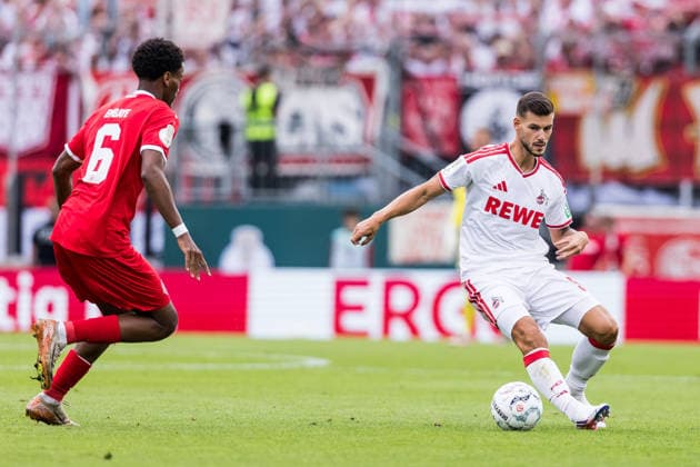 WUERZBURG, GERMANY - AUGUST 24: Tom Krauss (Krauß, 1. FC Koeln, 5) controls the ball during the 1st round DFB Pokal match between Wuerzburger Kickers vs. 1. FC Koeln at AKON ARENA on August 24, 2026 in Wuerzburg, Germany. DFB REGULATIONS PROHIBIT ANY USE OF PHOTOGRAPHS AS IMAGE SEQUENCES AND OR QUASI-VIDEO. Bavaria Germany Copyright: xSteffiexWunderlx