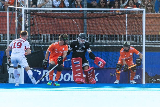FIH Hockey World Cup: Netherlands v England AMSTELVEEN, NL - AUGUST 24: Derk Meijer of Netherlands during the FIH Hockey World Cup match between Netherlands and England at Wagener Stadion on August 24, 2026 in Amstelveen, Netherlands. Amstelveen Wagener Stadion Netherlands Content not available for redistribution in The Netherlands directly or indirectly through any third parties. Copyright: xMarcelxvanxPlateringenx