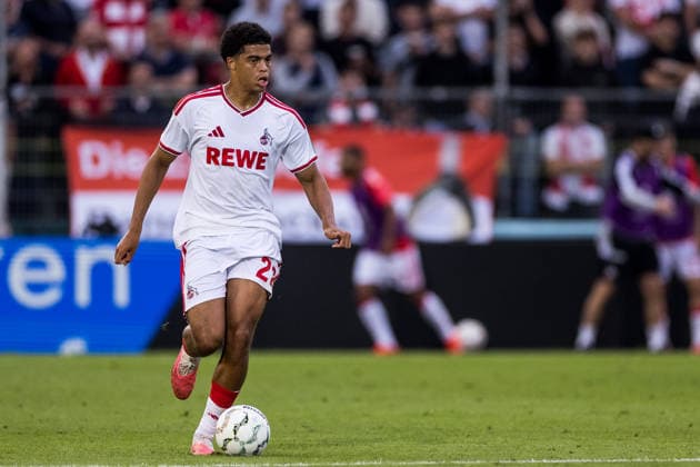 WUERZBURG, GERMANY - AUGUST 24: Jahmai Simpson-Pusey (1. FC Koeln, 22) controls the ball during the 1st round DFB Pokal match between Wuerzburger Kickers vs. 1. FC Koeln at AKON ARENA on August 24, 2026 in Wuerzburg, Germany. DFB REGULATIONS PROHIBIT ANY USE OF PHOTOGRAPHS AS IMAGE SEQUENCES AND OR QUASI-VIDEO. Bavaria Germany Copyright: xSteffiexWunderlx