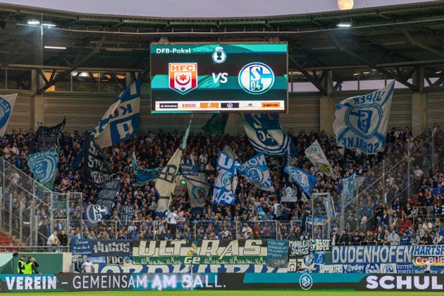 Deutschland: DFB Pokal, Saison 2026 2027, 24.08.2026, 1.Runde , Hallescher FC vs FC Schalke 04 , Leuna-Chemie-Stadion : Auswärtsblock von FC Schalke 04 *** Germany DFB Cup, 2026–2027 Season, August 24, 2026, First Round, Hallescher FC vs. FC Schalke 04, Leuna Chemie Stadium, FC Schalke 04 Away Section Copyright: xMichellexLukax