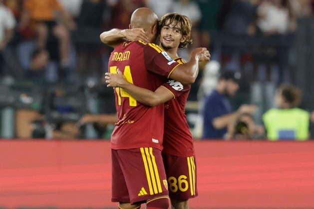 Italy: Serie a football match AS Roma vs Fiorentina Roma™s Dutch midfielder Donyell Malen celebrates after scoring a goal during the Serie A football match between AS Roma vs Fiorentina at the Olimpico Stadium in Rome, Italy on August 24, 2026. _BPH5682 Copyright: xAntonioxBalascox