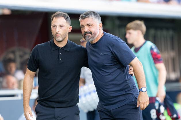 Foto IPP Damiano Fiorentini Bologna 24 08 2026 Calcio Campionato serie A 2026-2027 partita: Bologna-Lazio nella foto: mister Domenico Tedesco e Rino Gattuso Italy Photo Press World Copyright italy ITALY  Copyright: xR4924_italyphotopressx