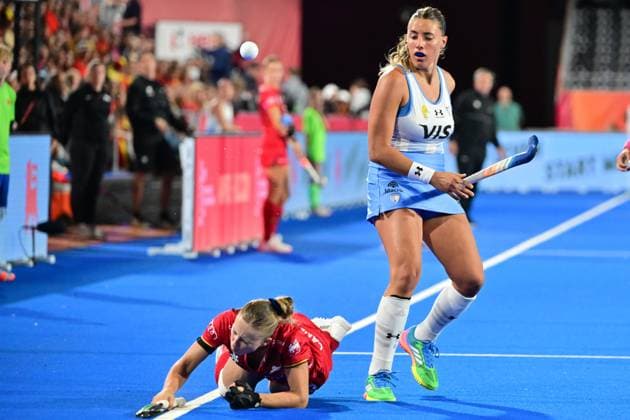 RECORD DATE NOT STATED Belgium s Justine Rasir and Argentina s Emma Knobl fight for the ball during a Field hockey, Feldhockey game between Belgian national team, Nationalteam Red Panthers and Argentina, at the women s 2026 Hockey World Cup, on Monday 24 August 2026 in Wavre. The 2026 edition of the Hockey World Cup takes place in Belgium and The Netherlands from August 15 to August 30. DIRKxWAEM  x184197883x