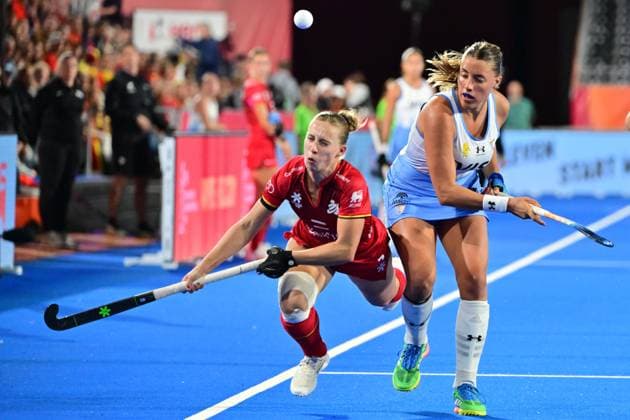 RECORD DATE NOT STATED Belgium s Justine Rasir and Argentina s Emma Knobl fight for the ball during a Field hockey, Feldhockey game between Belgian national team, Nationalteam Red Panthers and Argentina, at the women s 2026 Hockey World Cup, on Monday 24 August 2026 in Wavre. The 2026 edition of the Hockey World Cup takes place in Belgium and The Netherlands from August 15 to August 30. DIRKxWAEM  x184197884x