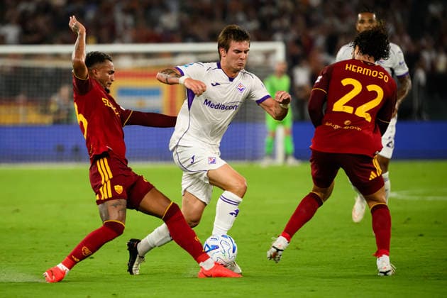Wesley Vinicius Franca Lima of AS Roma, Franco Mastantuono of ACF Fiorentina and Mario Hermoso of AS Roma compete for the ball during the Serie A 2026 2027 football match between AS Roma and ACF Fiorentina at Stadio Olimpico in Rome (Italy), August 24, 2026. andreaxstaccioli