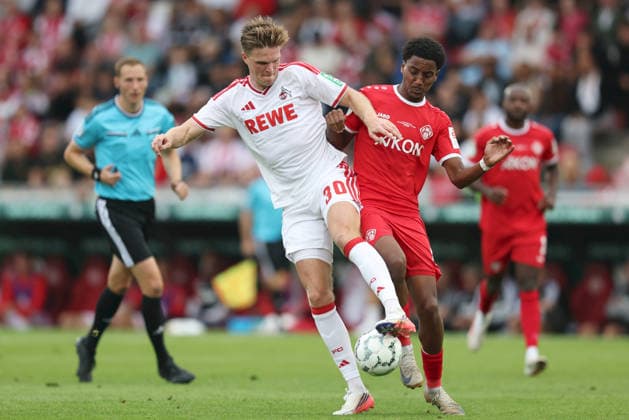 24.08.2026, Herren, Fussball, Saison 2026 2027, DFB-Pokal, 1. Runde: FC Wuerzburger Kickers - 1. FC Koeln Marius Bülter ( 30, 1. FC Köln) und Namrud Embaye ( 6, FC Würzburger Kickers), DFL DFB REGULATES PROHIBIT ANY USE OF PHOTOGRAPHS AS IMAGE SEQUENCES AND OR QUASI-VIDEO Wuerzburg FLYERALARM Arena Bayern Deutschland *** August 24, 2026, Men s Soccer, 2026–2027 Season, DFB Cup, 1st Round: FC Würzburger Kickers vs. 1. FC Köln—Marius Bülter (30), 1. FC Köln, and Namrud Embaye (6), FC Würzburger Kickers, DFL and DFB regulations prohibit any use of photographs as image sequences and or quasi-video. Wuerzburg FLYERALARM Arena, Bavaria, Germany