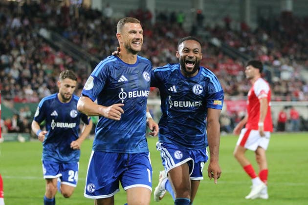 24.08.2026 Fußball Herren 2026 2027 DFB-Pokal 1. Runde Hallescher FC - FC Schalke 04 Leuna-Chemie-Stadion Halle Edin Dzeko (Schalke, 10, blau) und Moussa Sylla (Schalke, 9, blau) beim Torjubel nach dm 1:2. Halle Sachsen-Anhalt Deutschland *** August 24, 2026 Men s Soccer 2026–2027 DFB Cup First Round Hallescher FC vs. FC Schalke 04 at Leuna Chemie Stadium in Halle: Edin Dzeko (Schalke, No. 10, blue) and Moussa Sylla (Schalke, 9, blue, celebrating the goal after the 1–2 win in Halle, Saxony-Anhalt, Germany