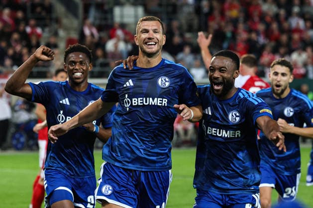 Torjubel - Torschütze Edin Dzeko (FC Schalke 04,10) trifft per Elfmeter zum 1-2 - 1. Hauptrunde DFB Pokal Saison 2026-2027 Hallescher FC Halle vs. FC Schalke 04 im Leuna-Chemie-Stadion in Halle Saale - Aktion,Fußball,Mann,Männer,Deutschland,24.08.2026 *** Goal celebration: Scorer Edin Dzeko of FC Schalke 04 scores on a penalty kick to make it 1–2 in the first round of the DFB Cup, 2026–2027 season, Hallescher FC Halle vs. FC Schalke 04 at the Leuna Chemie Stadium in Halle an der Saale. Action, soccer,man, men, Germany, August 24, 2026