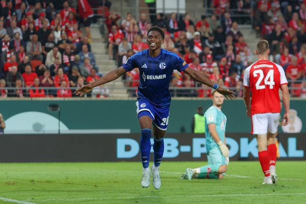 24.08.2026, xtgx, Fussball - DFB Pokal 1.Runde Hallescher FC - FC Schalke 04 emspor, v.l. Jubel nach dem 2:4 durch Junior Adamu (Schalke, 20) (DFL DFB REGULATIONS PROHIBIT ANY USE OF PHOTOGRAPHS as IMAGE SEQUENCES and or QUASI-VIDEO) Halle (Saale) *** August 24, 2026, xtgx, Soccer, DFB Cup First Round: Hallescher FC vs. FC Schalke 04, emspor, from left: Celebration after Schalke’s 2-4 win by Junior Adamu, 20 DFL DFB REGULATIONS PROHIBIT ANY USE OF PHOTOGRAPHS AS IMAGE SEQUENCES AND OR QUASI-VIDEO Halle Saale