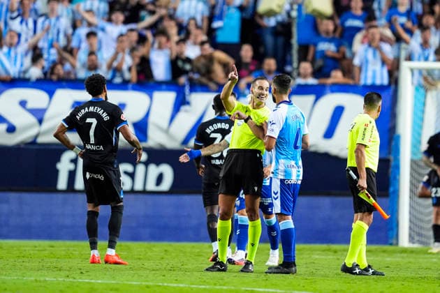August 24, 2026, Malaga, Malaga, Spain: Alvaro Arbeloa, referee, gestures during the Spanish league, LaLiga EA Sports, football match played between Malaga CF and RC Deportivo at La Rosaleda stadium on August 24, 2026, in Malaga, Spain. Malaga CF V RC Deportivo - LaLiga EA Sports  - ZUMAa181 20260824_zaa_a181_156 Copyright: xJoaquinxCorcherox