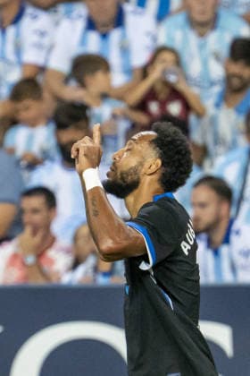 MALAGA, SPAIN - AUGUST 24: Aubameyang (N7) celebrates Deportivo A Coruna’s first goal during La Liga match between Malaga and Deportivo de la Coruna at the Estadio de la Rosaleda on the 24th of august, 2026 in Malaga, Spain  Copyright: xAndresxLopezxSheridanxx xSPPx Sportspressphoto_SPR215197
