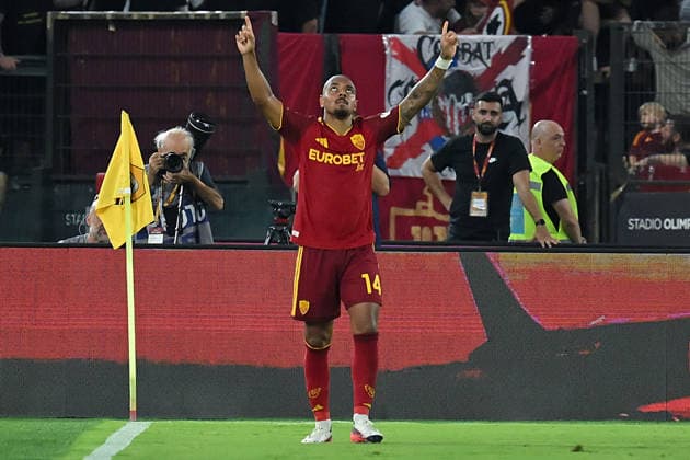 Soccer, Serie A match , Roma v Fiorentina Donyell Malen of Roma celebrates scoring his goal during the Serie A match between Roma v Fiorentina at Olympic stadium. Rome (Italy), August 24th, 2026 Imago-Images Emmefoto Copyright: xImago-Images Emmefotox