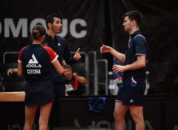 Second round of qualification mixed doubles of Table tennis, Tischtennis during the WTT Feeder Olomouc, Czech Republic, August 25, 2026. Nikita Petrovova, Jakub Kaucky of Czech Republic. Centre is coach Salvador Uribe. (CTKxPhoto LudekxPerina) CTKPhotoP2026082503020  CTKPhotoP2026082503020