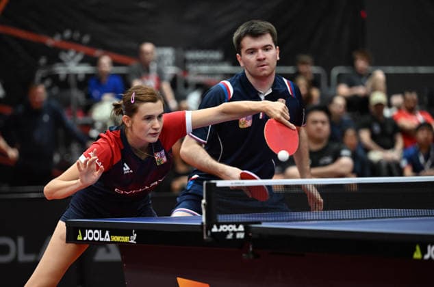 Second round of qualification mixed doubles of Table tennis, Tischtennis during the WTT Feeder Olomouc, Czech Republic, August 25, 2026. Nikita Petrovova, Jakub Kaucky of Czech Republic. (CTKxPhoto LudekxPerina) CTKPhotoP2026082503034  CTKPhotoP2026082503034