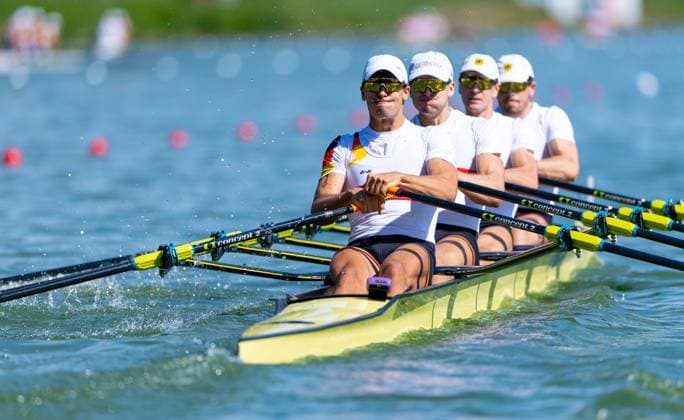 AMSTERDAM - Marc Weber, Felix Heinrich, Jonas Gelsen and Ole Hohensee (GER) during the heats of the men s double sculls on the second day of the World Rowing Championships at the Bosbaan in the Amsterdam Forest. IRIS VAN DEN BROEK ANP xVIxANPxSportx xxANPxIVx 566249011 originalFilename: 566249011.jpg