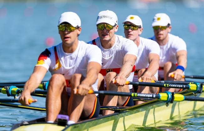 AMSTERDAM - Marc Weber, Felix Heinrich, Jonas Gelsen and Ole Hohensee (GER) during the heats of the men s double sculls on the second day of the World Rowing Championships at the Bosbaan in the Amsterdam Forest. IRIS VAN DEN BROEK ANP xVIxANPxSportx xxANPxIVx 566249079 originalFilename: 566249079.jpg
