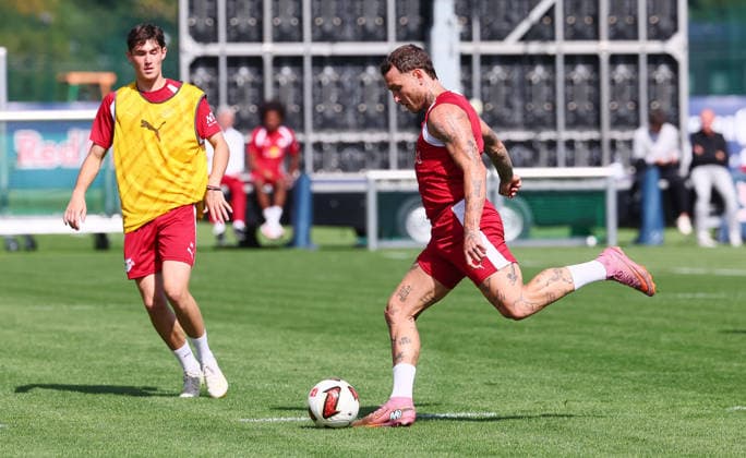 RB Leipzig - Training Bundesliga Leipzig, 25.08.2026, Trainingszentrum Cottaweg, Fußball Bundesliga , RB LEIPZIG - Training, Saisonvorbereitung zur Saison 2026 27 , Im Bild v.l.: Andrija Maksimovic und David Raumr , *** RB Leipzig Training, Bundesliga, Leipzig, August 25, 2026, Cottaweg Training Center, Soccer, Bundesliga, RB Leipzig Training, Preseason for the 2026–27 Season, Pictured (from left): Andrija Maksimovic and David Raumr, Picture Point