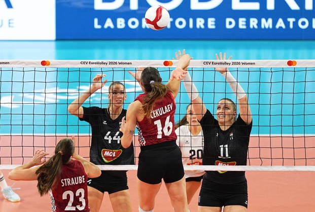 Hungary v Germany - CEV EuroVolley 2026 ISTANBUL, TURKIYE - AUGUST 25: Zsofia Csereklye (44) of Hungary in action against Anastasia Cekulaev (16) of Germany during the CEV EuroVolley 2026 Women Group A match between Hungary and Germany at Sinan Erdem Sports Hall, on August 25, 2026 in Istanbul, Turkiye. Esra Bilgin Anadolu Istanbul Turkey. Editorial use only. Please get in touch for any other usage.  Copyright: x2026xAnadoluxEsraxBilginx