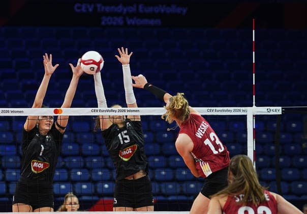 Hungary v Germany - CEV EuroVolley 2026 ISTANBUL, TURKIYE - AUGUST 25: Lilla Kiss (15) of Hungary in action against Emilia Weske (13) of Germany during the CEV EuroVolley 2026 Women Group A match between Hungary and Germany at Sinan Erdem Sports Hall, on August 25, 2026 in Istanbul, Turkiye. Esra Bilgin Anadolu Istanbul Turkey. Editorial use only. Please get in touch for any other usage.  Copyright: x2026xAnadoluxEsraxBilginx