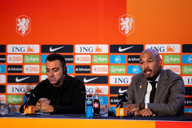 ZEIST, NETHERLANDS - AUGUST 25: Netherlands head coach Xavi Hernandez and KNVB director of football Nigel de Jong during the unveiling of Xavi Hernandez as the new head coach of the Netherlands men s football team at the KNVB Campus on August 25, 2026 in Zeist, Netherlands.  Copyright: xRenexNijhuis MBxMediax