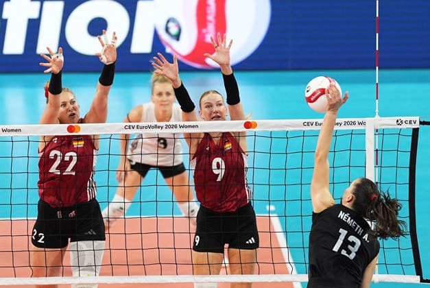 Hungary v Germany - CEV EuroVolley 2026 ISTANBUL, TURKIYE - AUGUST 25: Anett Nemeth (13) of Hungary in action against Lina Alsmeier (9) of Germany during the CEV EuroVolley 2026 Women Group A match between Hungary and Germany at Sinan Erdem Sports Hall, on August 25, 2026 in Istanbul, Turkiye. Esra Bilgin Anadolu Istanbul Turkey. Editorial use only. Please get in touch for any other usage.  Copyright: x2026xAnadoluxEsraxBilginx