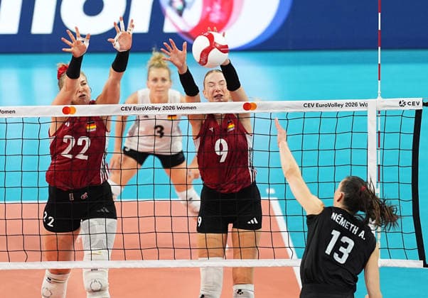 Hungary v Germany - CEV EuroVolley 2026 ISTANBUL, TURKIYE - AUGUST 25: Anett Nemeth (13) of Hungary in action against Lina Alsmeier (9) of Germany during the CEV EuroVolley 2026 Women Group A match between Hungary and Germany at Sinan Erdem Sports Hall, on August 25, 2026 in Istanbul, Turkiye. Esra Bilgin Anadolu Istanbul Turkey. Editorial use only. Please get in touch for any other usage.  Copyright: x2026xAnadoluxEsraxBilginx