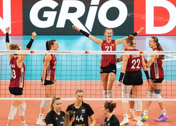 Hungary v Germany - CEV EuroVolley 2026 ISTANBUL, TURKIYE - AUGUST 25: Players of Germany celebrate after winning the CEV EuroVolley 2026 Women Group A match between Hungary and Germany at Sinan Erdem Sports Hall, on August 25, 2026 in Istanbul, Turkiye. Esra Bilgin Anadolu Istanbul Turkey. Editorial use only. Please get in touch for any other usage.  Copyright: x2026xAnadoluxEsraxBilginx