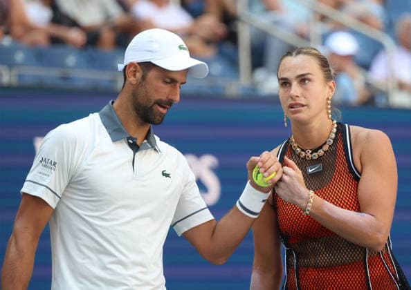 August 25, 2026, New York City, New York, USA: NOVAK DJOKOVIC (Serbia) and ARYNA SABALENKA during the match mixed doubles round 1 16 final of US Open against H. Patten (Great Britain) and K. Siniakova (Czech Republic). New York, USA. Tennis: US Open - Aryna Sabalenka, Novak Djokovic Double Mix  - ZUMAc278 20260825_zsp_c278_001 Copyright: xMarcinxCholewinskix