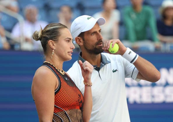 August 25, 2026, New York City, New York, USA: NOVAK DJOKOVIC (Serbia) and ARYNA SABALENKA during the match mixed doubles round 1 16 final of US Open against H. Patten (Great Britain) and K. Siniakova (Czech Republic). New York, USA. Tennis: US Open - Aryna Sabalenka, Novak Djokovic Double Mix  - ZUMAc278 20260825_zsp_c278_004 Copyright: xMarcinxCholewinskix