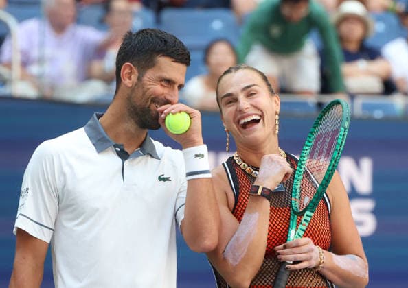 August 25, 2026, New York City, New York, USA: NOVAK DJOKOVIC (Serbia) and ARYNA SABALENKA during the match mixed doubles round 1 16 final of US Open against H. Patten (Great Britain) and K. Siniakova (Czech Republic). New York, USA. Tennis: US Open - Aryna Sabalenka, Novak Djokovic Double Mix  - ZUMAc278 20260825_zsp_c278_024 Copyright: xMarcinxCholewinskix