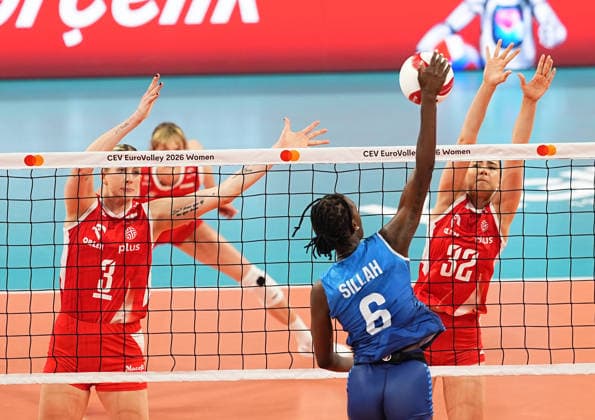 Poland v Slovenia - CEV EuroVolley 2026 ISTANBUL, TURKIYE - AUGUST 25: Maja Koput (32) of Poland in action against Fatoumatta Sillah (6) of Slovenia during CEV Women s European Volleyball Championship Group A match between Poland and Slovenia at Sinan Erdem Dome in Istanbul, Turkiye on August 25, 2026. Esra Bilgin Anadolu Istanbul Turkey. Editorial use only. Please get in touch for any other usage.  Copyright: x2026xAnadoluxEsraxBilginx