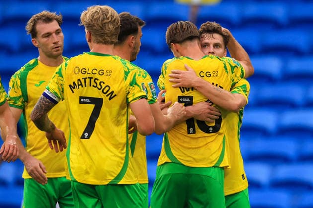 Cardiff City v Norwich City Carabao Cup Mathias Kvistgaarden of Norwich City celebrates after scoring during the Carabao Cup Second Round match at the Cardiff City Stadium, Cardiff 25 08 2026 UK Newspapers OUT Copyright: xGeraintxNicholasx FIL-23831-0049
