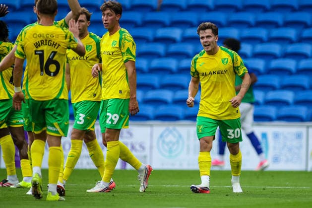Carabao Cup round 2 Cardiff City v Norwich City Mathias Kvistgaarden of Norwich City celebrates scoring his teams first goal during the Carabao Cup round 2 match Cardiff City vs Norwich City at Cardiff City Stadium, Cardiff, United Kingdom on 25 August 2026 (Photo by Andrew Lewis News Images) Cardiff Cardiff City Stadium Glamorgan United Kingdom Copyright: xAndrewxLewis NewsxImagesx