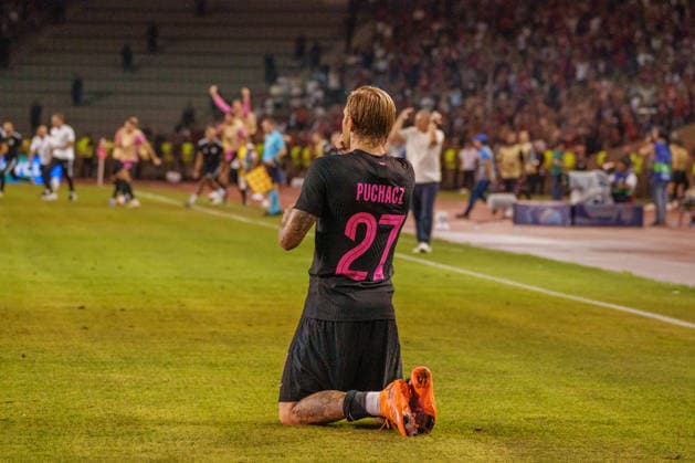 Tymoteusz Puchacz seen during UEFA Champions League 26 27 4th qualifying round 2ed leg match between teams of Sabah FK and Hapoel Beer Sheva (Lukasz Germaniuk Ball Raw Images) Baku Tofiq Bahramov Stadium Azerbaijan Copyright: xLukaszxGermaniukx 260825WSZ-40-2