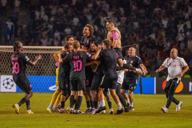 Sabah players celebrating goal during UEFA Champions League 26 27 4th qualifying round 2ed leg match between teams of Sabah FK and Hapoel Beer Sheva (Lukasz Germaniuk Ball Raw Images) Baku Tofiq Bahramov Stadium Azerbaijan Copyright: xLukaszxGermaniukx 260825WSZ-42-2