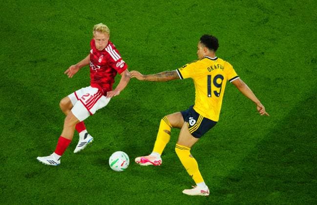 Xaver Schlager of Nottingham Forest and Noah Okafor of Leeds United Nottingham Forest v Leeds United, EFL Carabao Cup, Second Round, Football, City Ground, Nottingham, UK - 25 Aug 2026Nottingham City Ground United Kingdom EDITORIAL USE ONLY No use with unauthorised audio, video, data, fixture lists, club league logos or live services. Online in-match use limited to 120 images, no video emulation. No use in betting, games or single club league player publications. Copyright: xJavierxGarcia Shutterstockx 17115029t