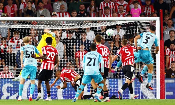 Joshua Ajala of West Ham United scores a goal to make the score 1-1. Southampton v West Ham United, EFL Carabao Cup, Second Round, Football, St Mary s Stadium, Southampton, UK - 25 Aug 2026Southampton St Mary s Stadium United Kingdom EDITORIAL USE ONLY No use with unauthorised audio, video, data, fixture lists, club league logos or live services. Online in-match use limited to 120 images, no video emulation. No use in betting, games or single club league player publications. Copyright: xJamesxMarsh Shutterstockx 17114998bh