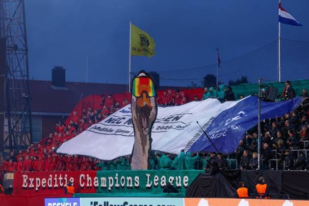 BODO , 25-08-2026 , Aspmyra Stadion , Champions League , knockout phase match 2 of 2 , season 2026 2027 , Bodo Glimt - NEC , picture shows fans of NEC Bodo Glimt - NEC  x206046571x Copyright: