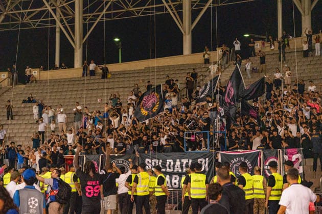 Fans of Sabah celebrating after advancing to the Champions League seen during UEFA Champions League 26 27 4th qualifying round 2ed leg match between teams of Sabah FK and Hapoel Beer Sheva (Lukasz Germaniuk Ball Raw Images) Baku Tofiq Bahramov Stadium Azerbaijan Copyright: xLukaszxGermaniukx GER_SABvHBS-34