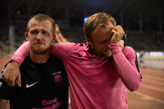 Tymoteusz Puchacz and Aleksey Isayev cries after advancing to the Champions League seen during UEFA Champions League 26 27 4th qualifying round 2ed leg match between teams of Sabah FK and Hapoel Beer Sheva (Lukasz Germaniuk Ball Raw Images) Baku Tofiq Bahramov Stadium Azerbaijan Copyright: xLukaszxGermaniukx GER_SABvHBS-38