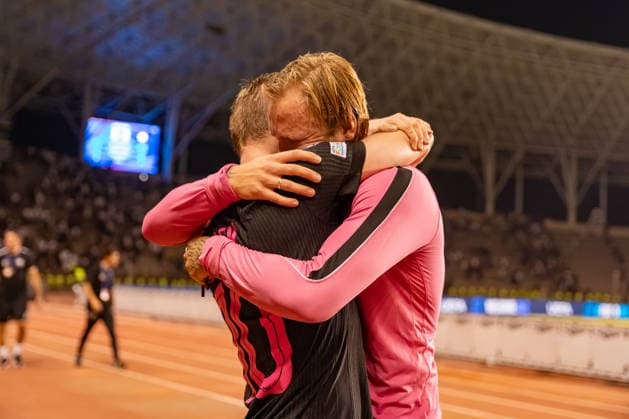 Tymoteusz Puchacz and Aleksey Isayev cries after advancing to the Champions League seen during UEFA Champions League 26 27 4th qualifying round 2ed leg match between teams of Sabah FK and Hapoel Beer Sheva (Lukasz Germaniuk Ball Raw Images) Baku Tofiq Bahramov Stadium Azerbaijan Copyright: xLukaszxGermaniukx GER_SABvHBS-41