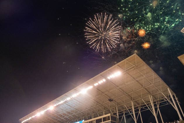 Fireworks after UEFA Champions League 26 27 4th qualifying round 2ed leg match between teams of Sabah FK and Hapoel Beer Sheva (Lukasz Germaniuk Ball Raw Images) Baku Tofiq Bahramov Stadium Azerbaijan Copyright: xLukaszxGermaniukx GER_SABvHBS-49