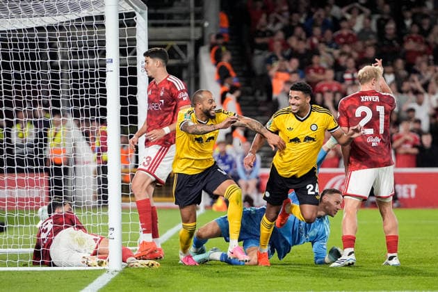 Carabao Cup round 2 Nottingham Forest v Leeds Rhinos James Justin of Leeds United celebrates his goal to make it 0-2 during the Carabao Cup round 2 match Nottingham Forest vs Leeds Rhinos at City Ground, Nottingham, United Kingdom on 25 August 2026 (Photo by Maynard Manyowa News Images) Nottingham City Ground Nottinghamshire United Kingdom Copyright: xMaynardxManyowa NewsxImagesx